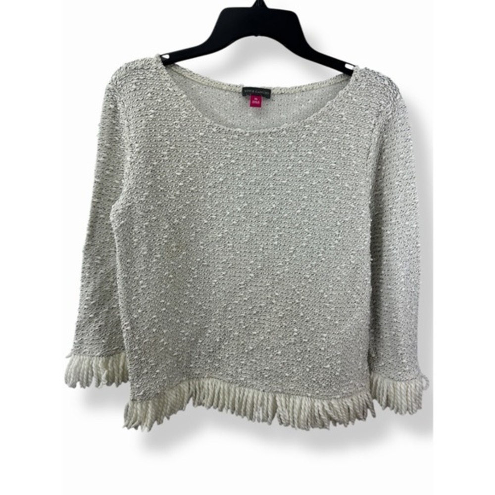 Vince‎ Camuto Textured Fringe Trim Pullover White Sz. XS Scoop Neck Long Sleeve
